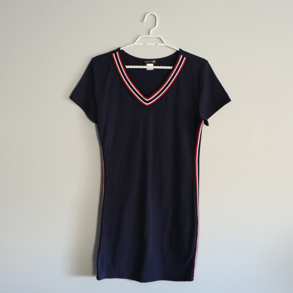 Venus Women's Sz M Blue Striped V-Neck Casual Stretch Jersey Bodycon Midi‎ Dress